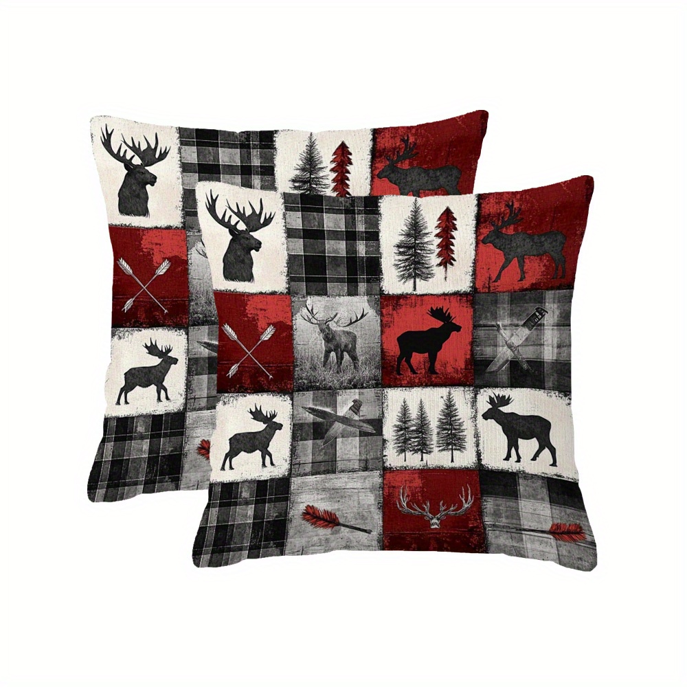 TEMU 2pcs 18x18 Inch Super Soft Plush Throw Pillows, Forest Design With Moose & Bear Elements, Machine Washable Polyester Cover, Zipper Closure,