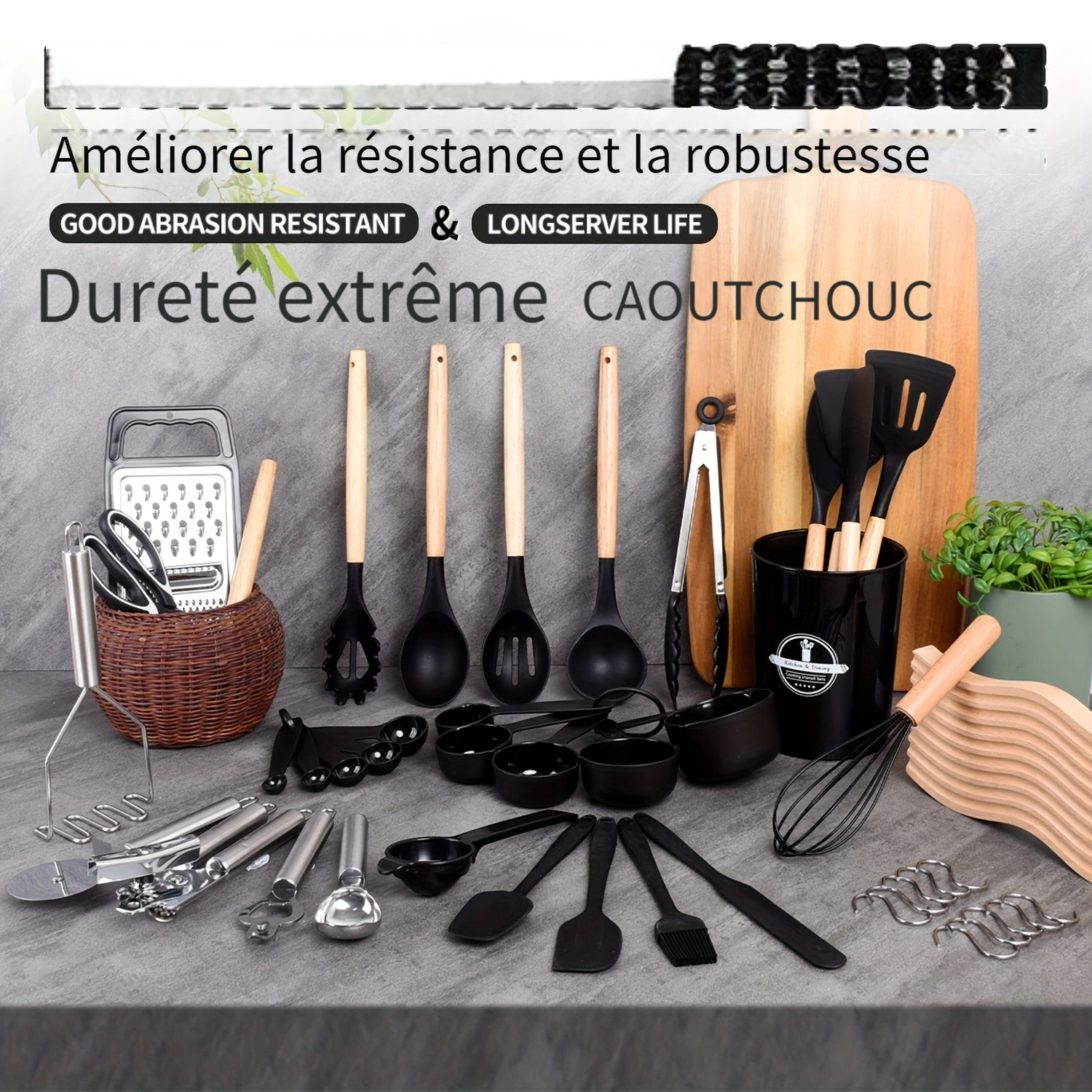 44pièces Ensemble d'ustensiles de cuisine en silicone avec manches en bois antiadhésives - Outils faciles pour la cuisine et la pâtisserie, parfaits pour les vacances (Noël, Saint-Valentin, Saint-Patrick, remise des diplômes, Ramadan), comprennent des spatules, des fouets, des cuillères, des pinces et plus encore, les essentiels de la cuisine|Ustensiles modernes|Ustensiles en silicone, accessoires de cuisine