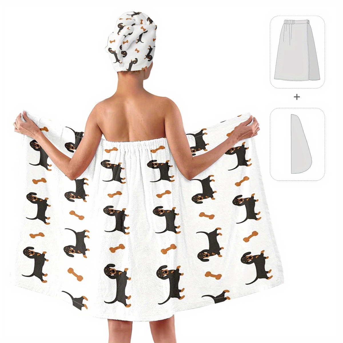 Image of 2pcs Sausage Dog Printed Large Bath Skirt Dry Hair Cap, Wearable Wrap, High Absorbency, Bath Towel, Non-slip Sexy Chest Bath Skirt Dry Hair Cap Set For Home Use