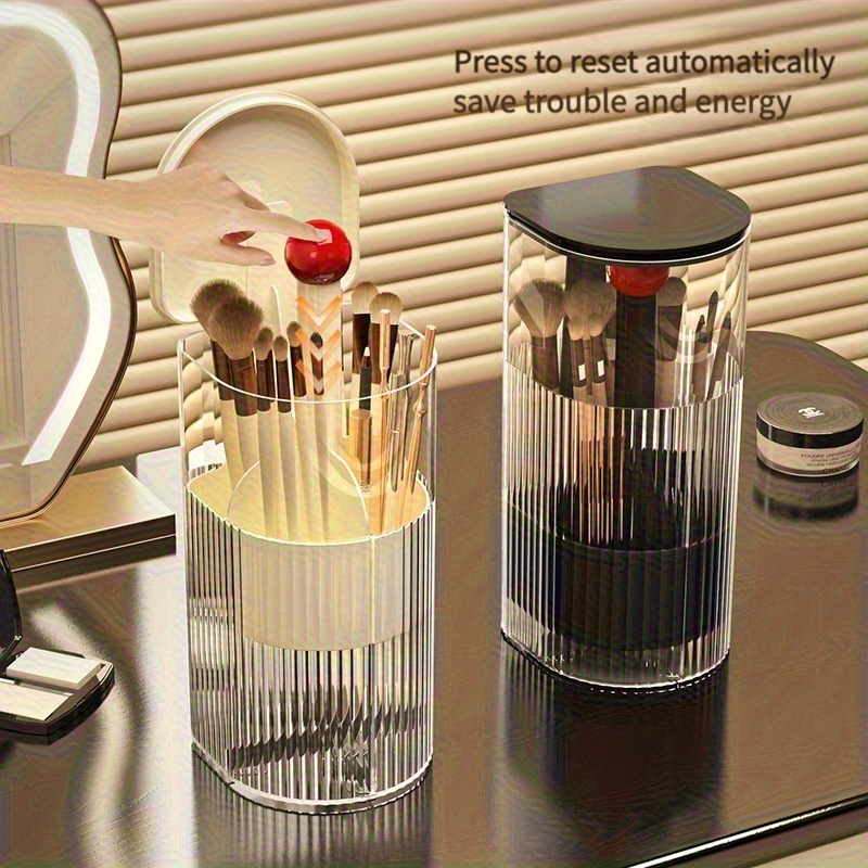 portable makeup brush organizer with press dustproof design automatic up down eyelash brush holder compact plastic desktop makeup storage box for eyeliner brushes no   Product details 4