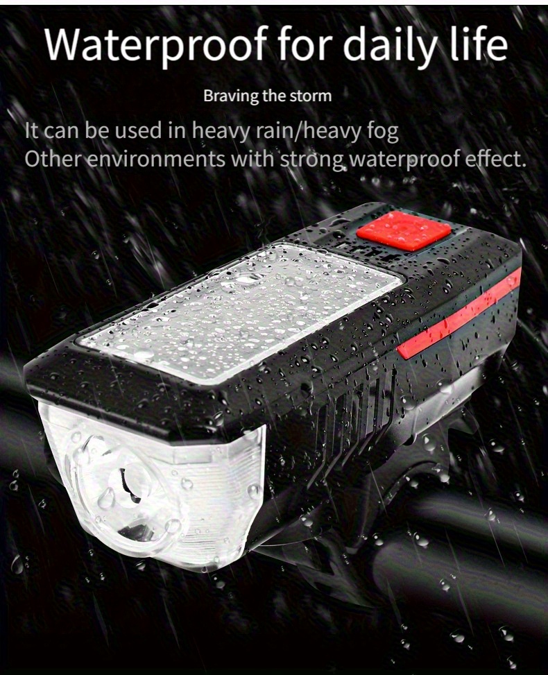 1pc Solar Powered Bicycle Horn Light With Power Indicator, T6 Bright LED Front Light, USB Rechargeable, High-Decibel Horn, Multiple Light Modes (350/200 Lumens)