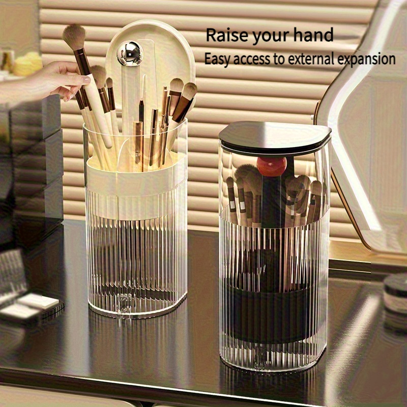 portable makeup brush organizer with press dustproof design automatic up down eyelash brush holder compact plastic desktop makeup storage box for eyeliner brushes no   Product details 3