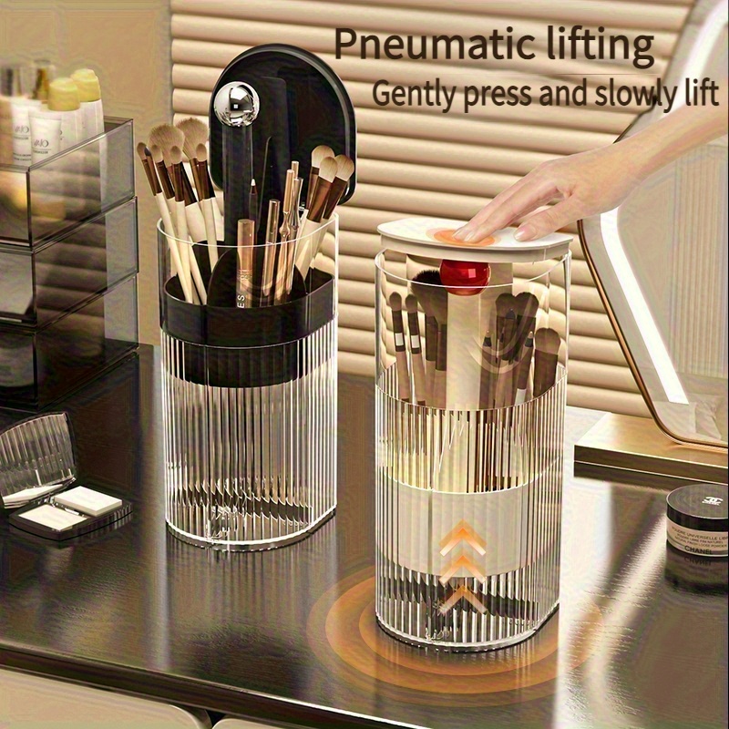 portable makeup brush organizer with press dustproof design automatic up down eyelash brush holder compact plastic desktop makeup storage box for eyeliner brushes no   Product details 1