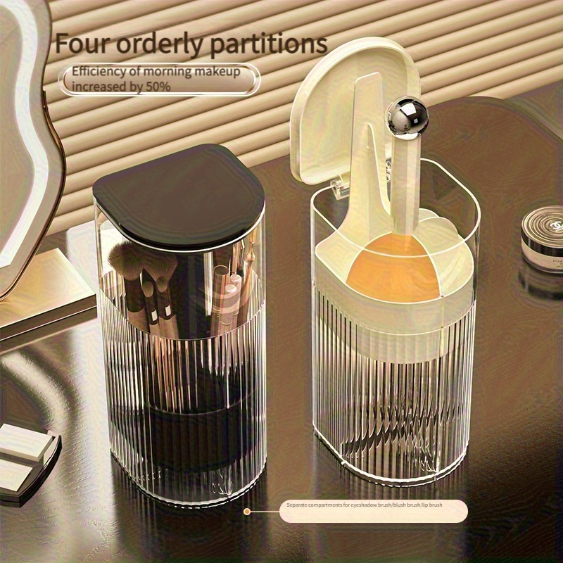 portable makeup brush organizer with press dustproof design automatic up down eyelash brush holder compact plastic desktop makeup storage box for eyeliner brushes no   Product details 8