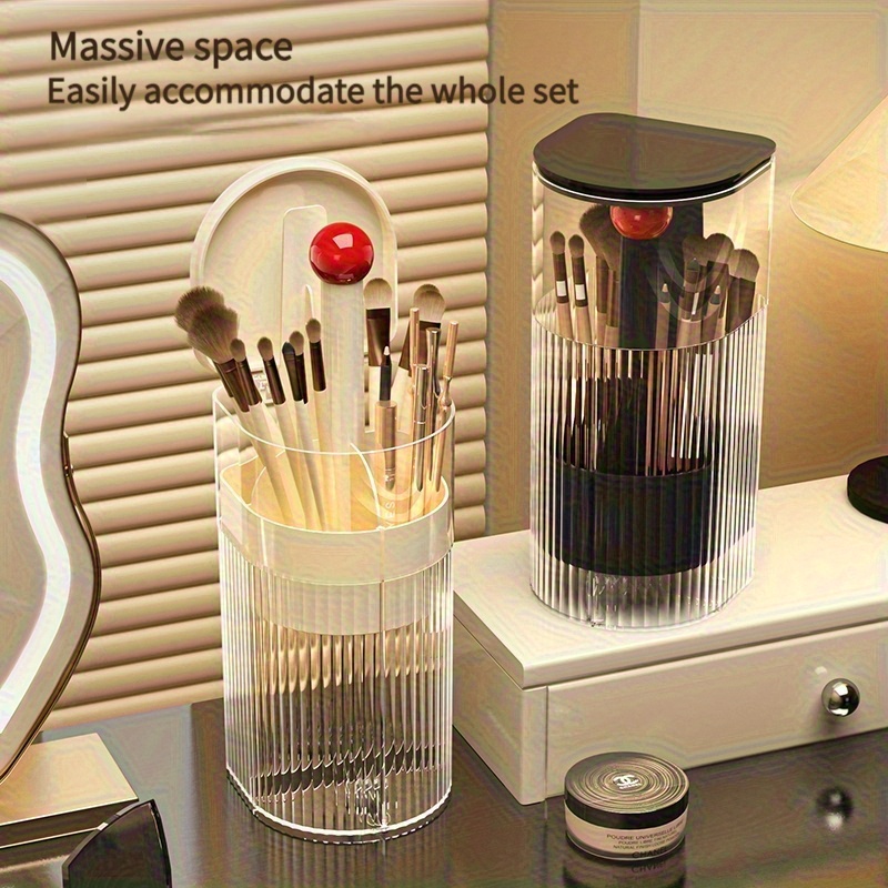 portable makeup brush organizer with press dustproof design automatic up down eyelash brush holder compact plastic desktop makeup storage box for eyeliner brushes no   Product details 7
