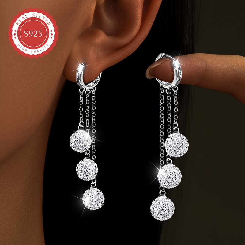 TEMU 1 Pair Of 925 Sterling Silvery Women's Fashionable Pendant Earrings, Designed With Balls, Tassel Lines, And Shimmering, Perfect For Holiday