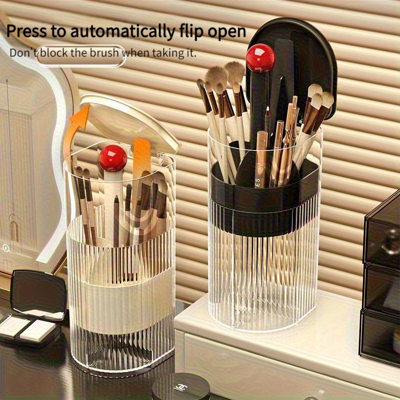 portable makeup brush organizer with press dustproof design automatic up down eyelash brush holder compact plastic desktop makeup storage box for eyeliner brushes no   Product details 2
