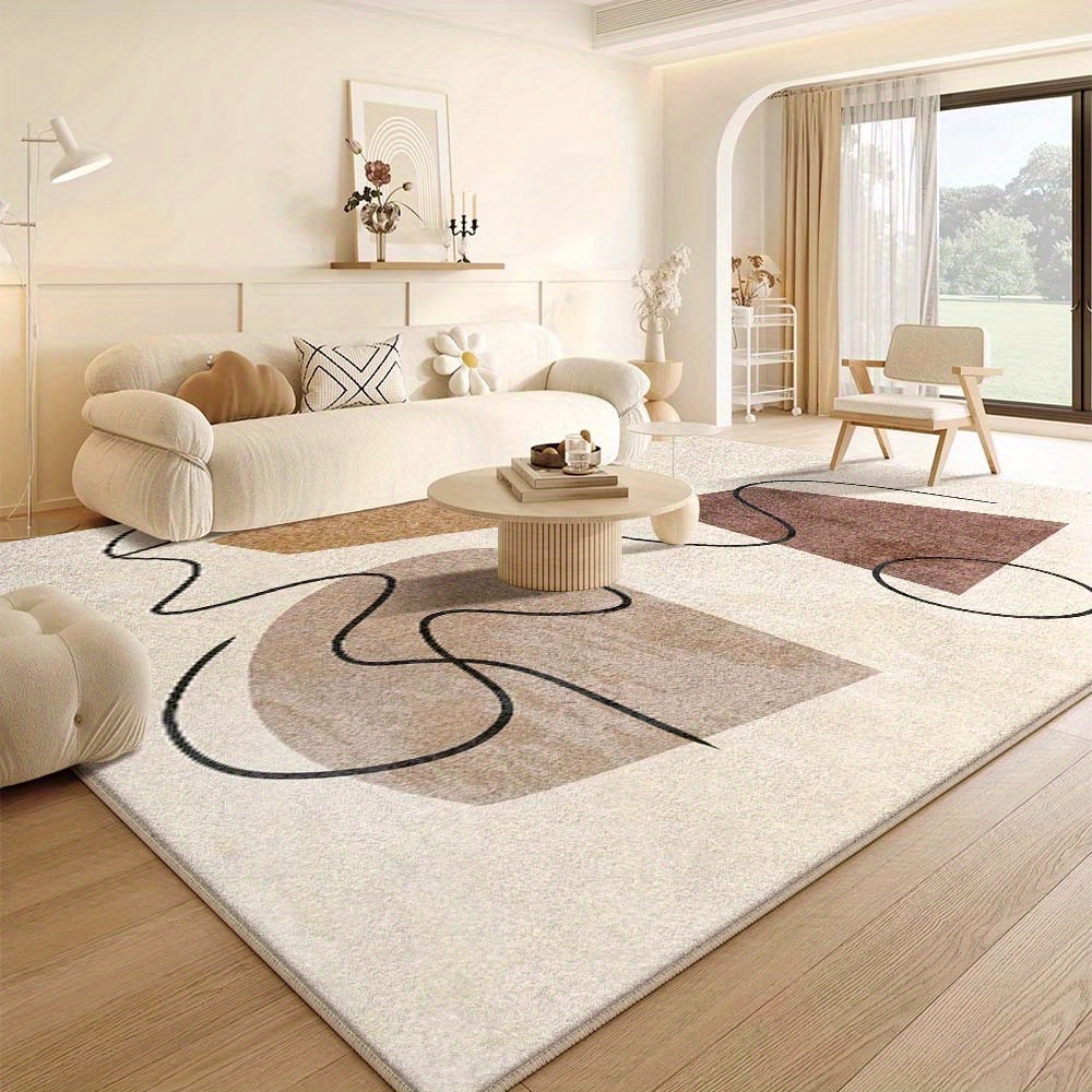 [ Product] - Modern Beige And Brown Abstract Design, Ultra-Soft, Machine Washable, Living Room, Bedroom, Office Decor - Home Rug, Indoor Mat | Abstract Print Mat | Polyester Velvet Mat, Living Room Carpet