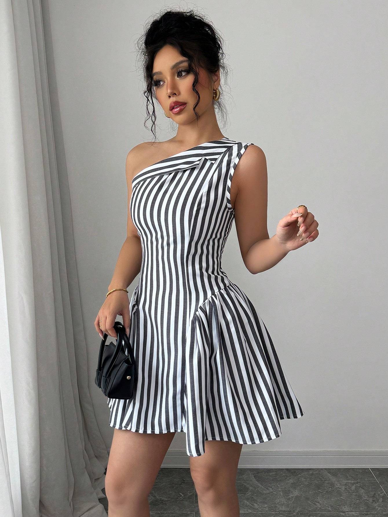 single shoulder black white striped mini dress fashionable - Temu