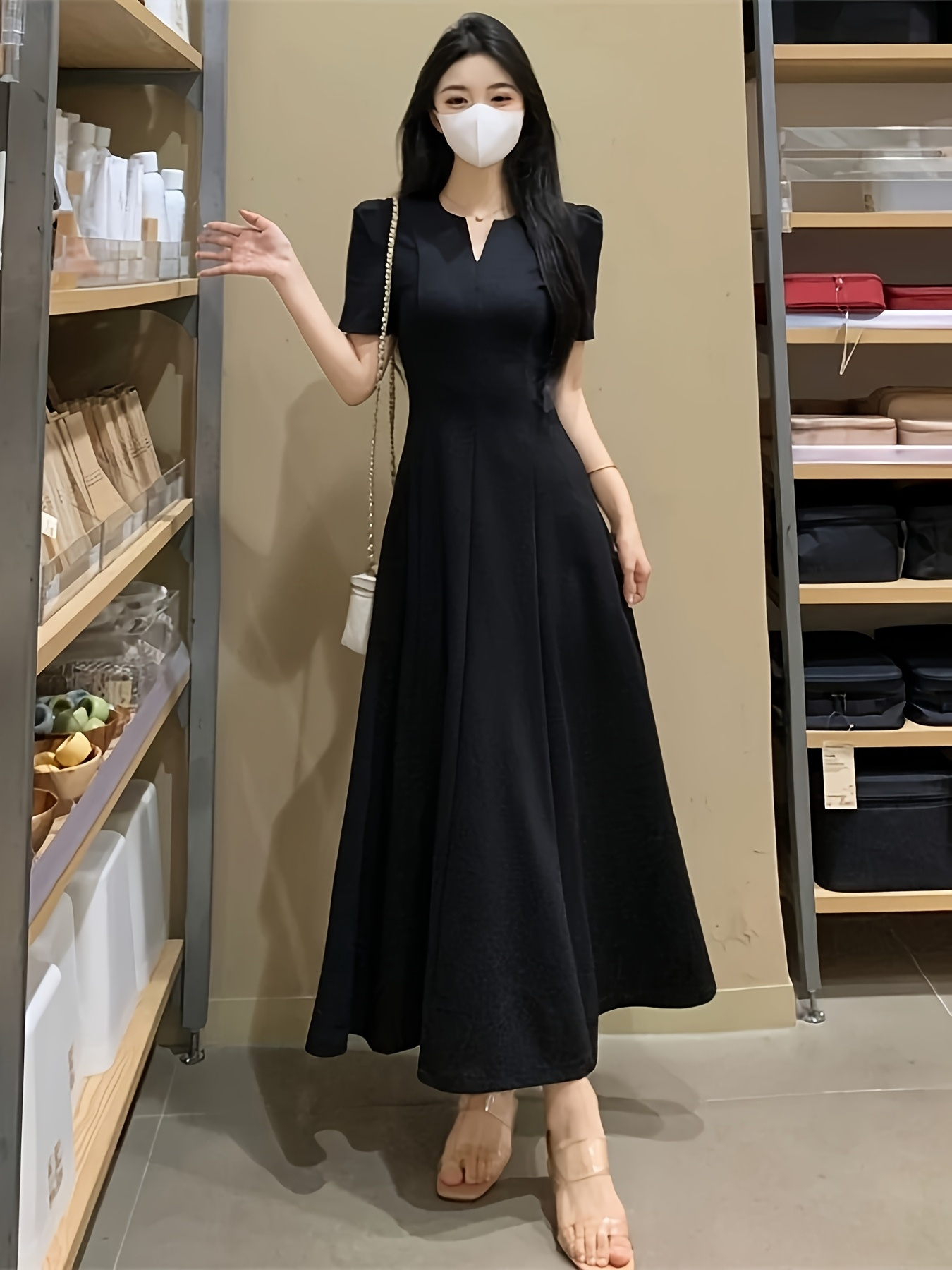 elegant korean black dress Black A-Line Korean Dress