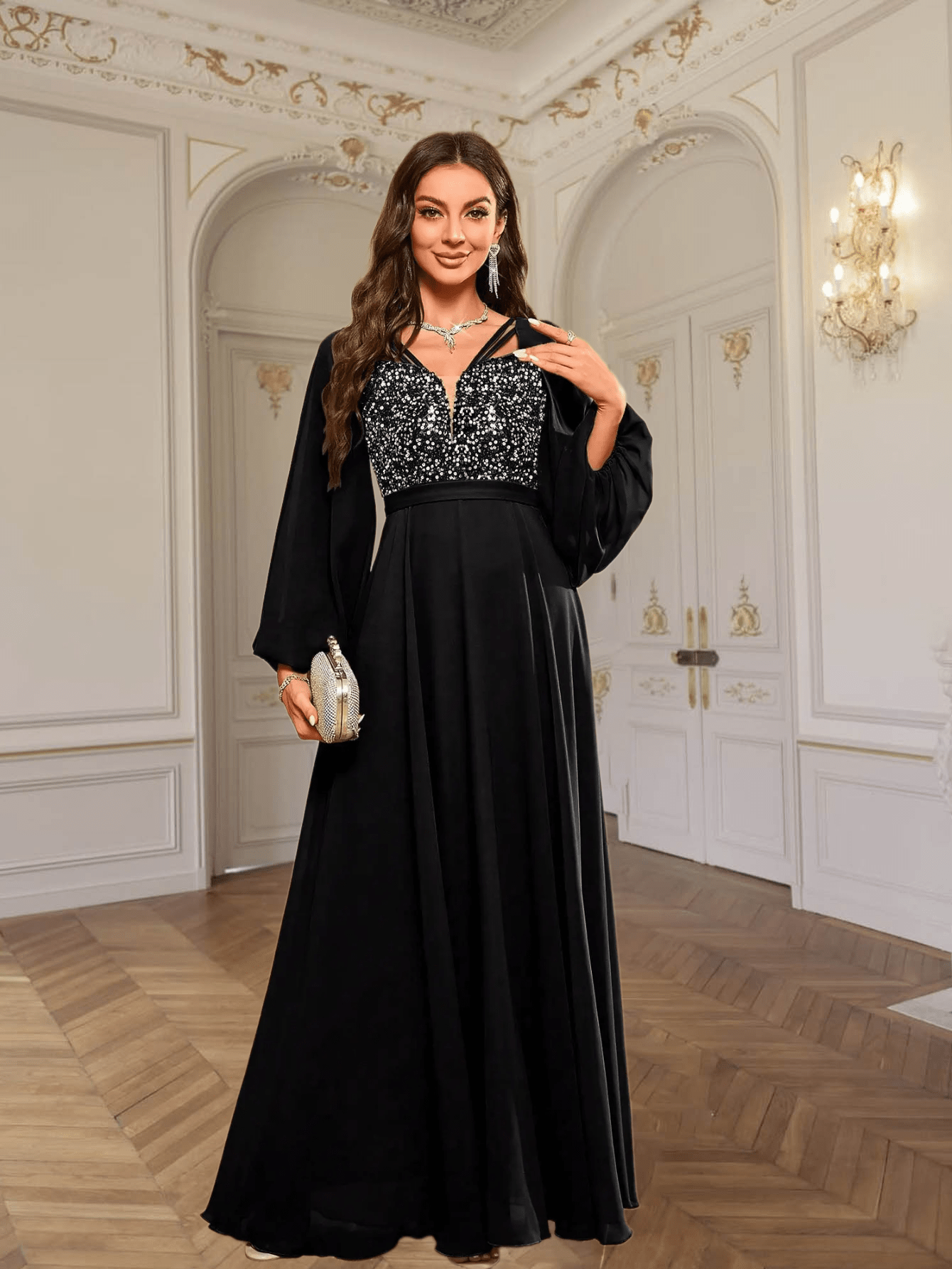 elegant long sleeve sequin accent gown women black fitted v - Temu Oman