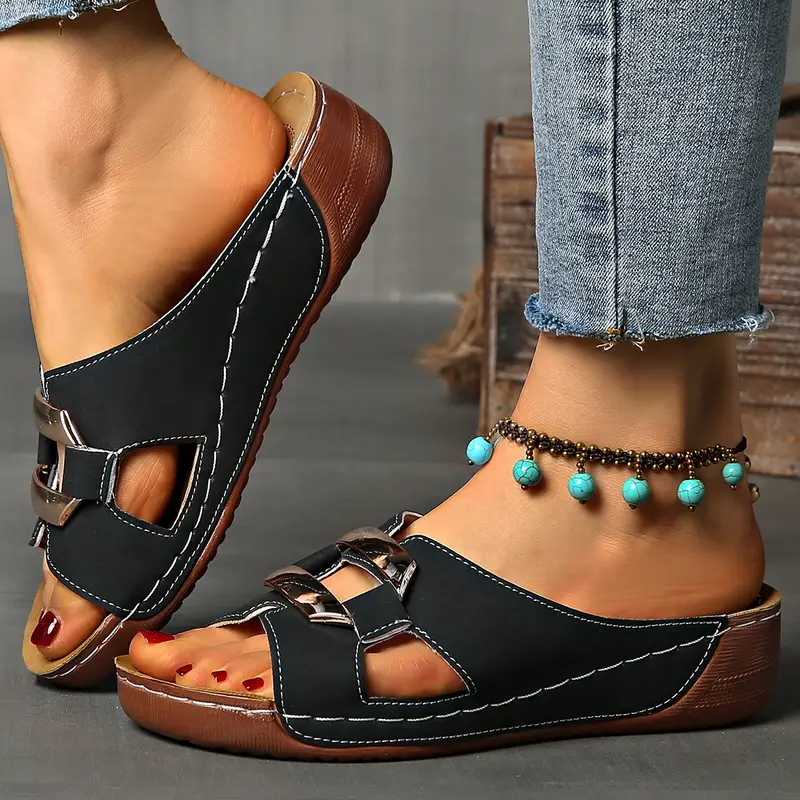 womens metal chain decorated wedge sandals casual open toe chunky sole shoes comfortable slip ons 3