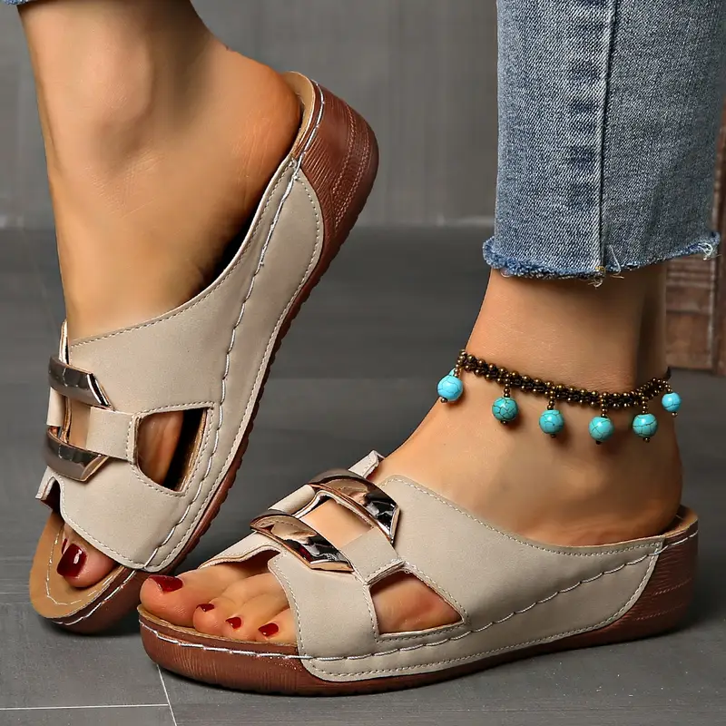 womens metal chain decorated wedge sandals casual open toe chunky sole shoes comfortable slip ons 6