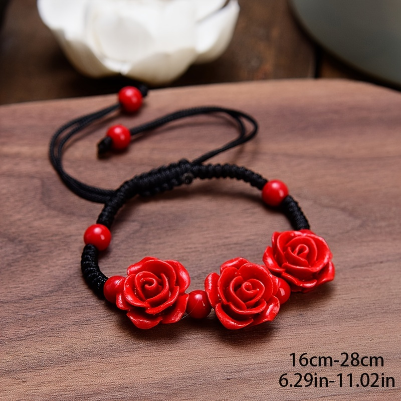 Adjustable Beaded Bracelet with Red Rose Charm & Red Beads