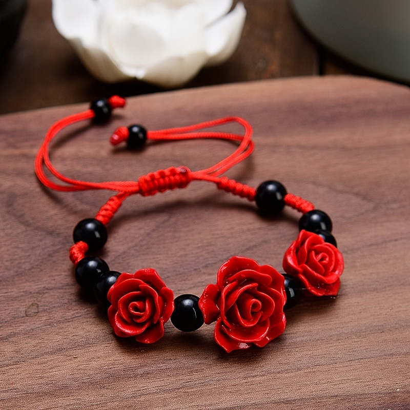 Adjustable Beaded Bracelet with Red Rose Charm & Red Beads