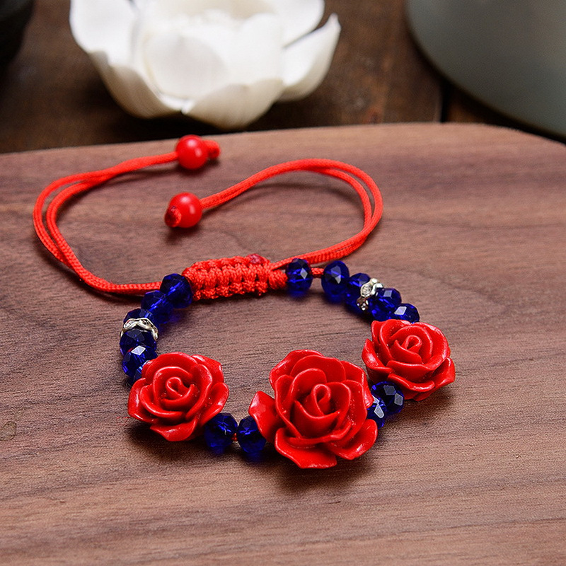 Adjustable Beaded Bracelet with Red Rose Charm & Red Beads