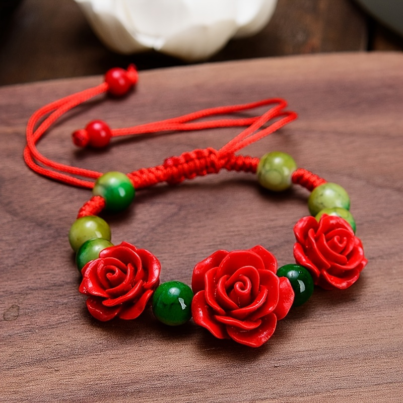 Adjustable Beaded Bracelet with Red Rose Charm & Red Beads