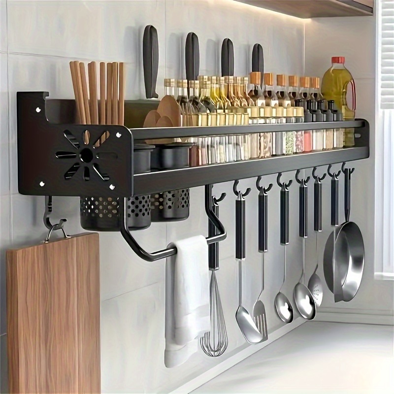 wall mounted kitchen storage rack with hooks space saving carbon steel holder for knives cutting boards and utensils powder coated ideal cabinet storage hanging kitchen organizer