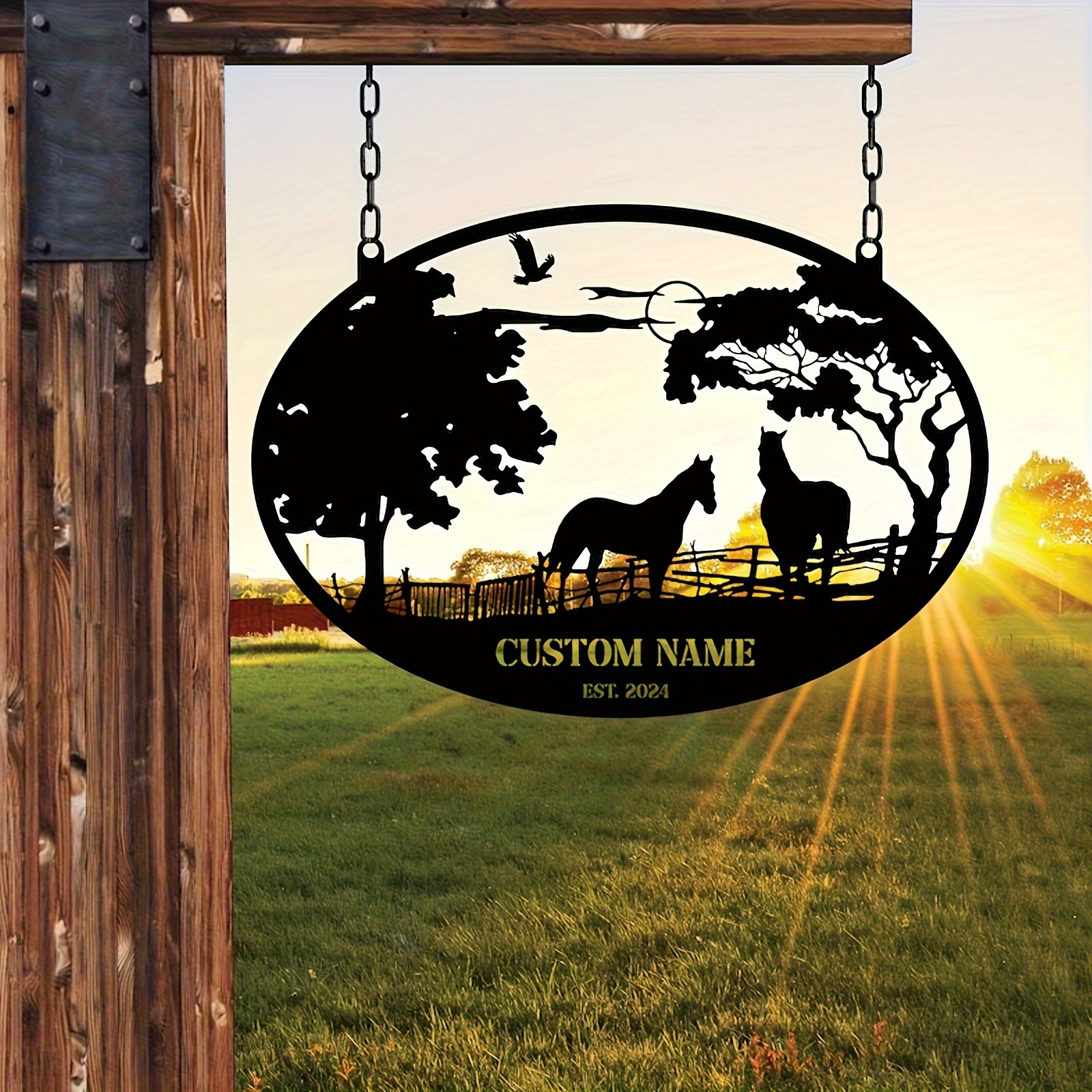 TEMU Panneau de fer à cheval personnalisé - Art mural de ferme personnalisé avec de cheval, d'arbre et d'oiseau | Design ovale vintage pour la