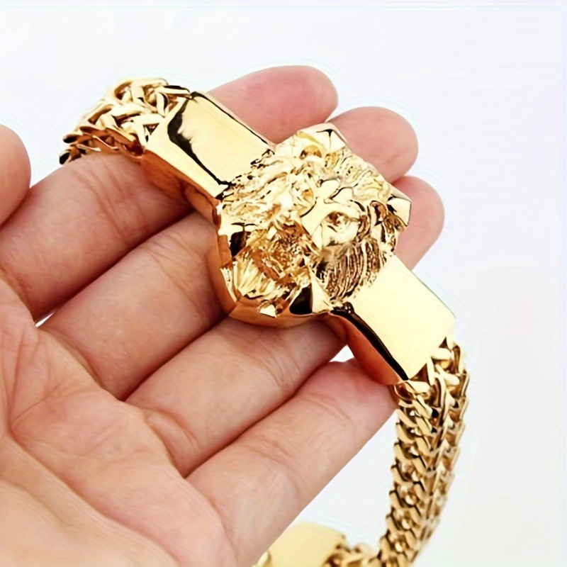 Una pulsera de cadena de eslabones de acero inoxidable de moda de hip-hop rock punk con una cabeza de león, perfecta para usar en ocasiones informales, diarias y de fiesta, lo que la convierte en un accesorio elegante para todas las estaciones.