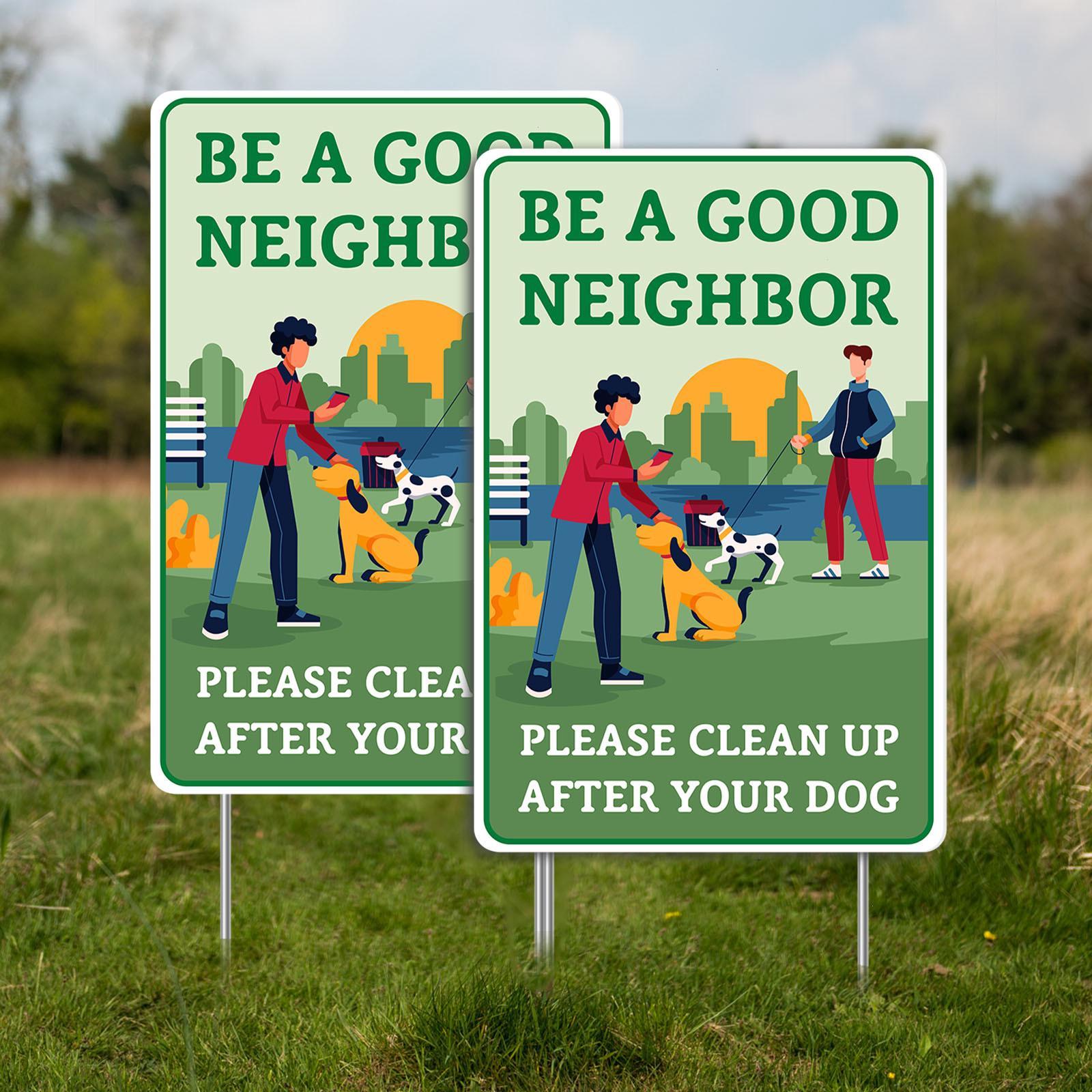 TEMU 2pcs Dog Waste Reminder Signs - "be A Good Neighbor" & "please Clean Up After Your Dog" - Durable Vinyl Pole-mounted Lawn Decor With Park Scene