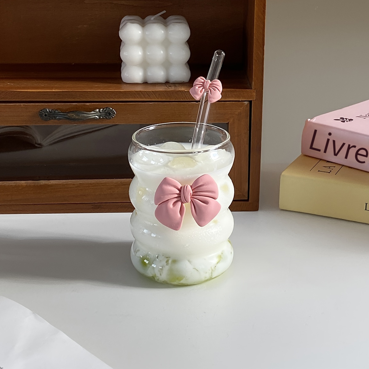 Gobelet Paille Verre à Café Glacé 500ml Avec Couvercle En Bois Et Paille - Motif Ours & Arc Verre Bubble Tea