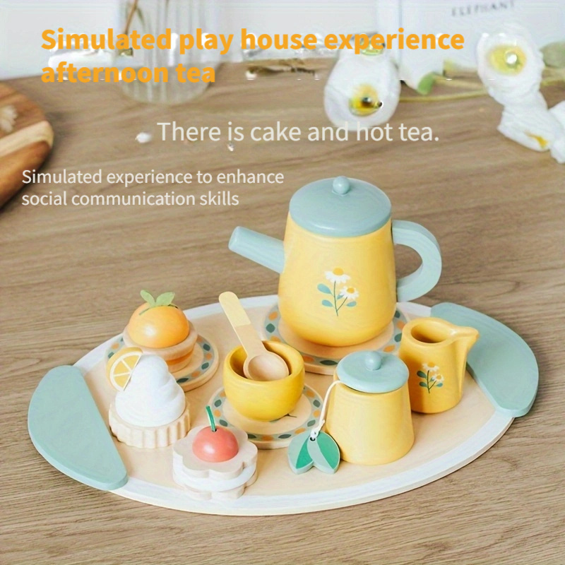 13pcs Wooden Afternoon Tea Set for Kids Pretend Play Kitchen Accessories  with Desserts, Teapot, Cups Tray Interactive Parent-Child Play Toy, Per