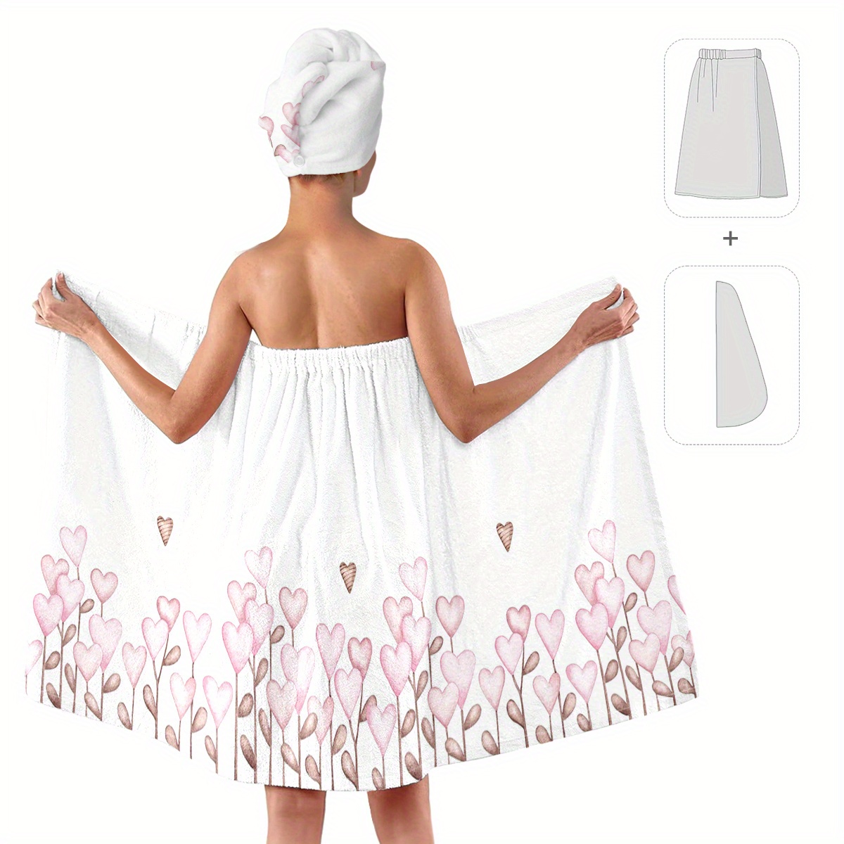 1pc Bath Skirt + 1pc Hair Drying Cap For Women, Featuring A Printed Design, Wearable Wrap, High Absorbency, Bath Towel, Non-slip For Home Use, Sexy Chest Bath Skirt And Hair Drying Cap Set