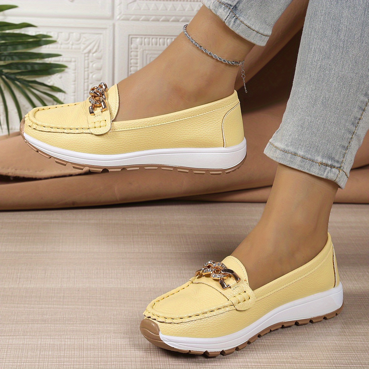 Women's Slip-On Loafers with Bow Detail Mustard Yellow PU Cover Round-Toe  Shoes, Comfortable Rubber Sole Fabric Lining, Versatile Casua