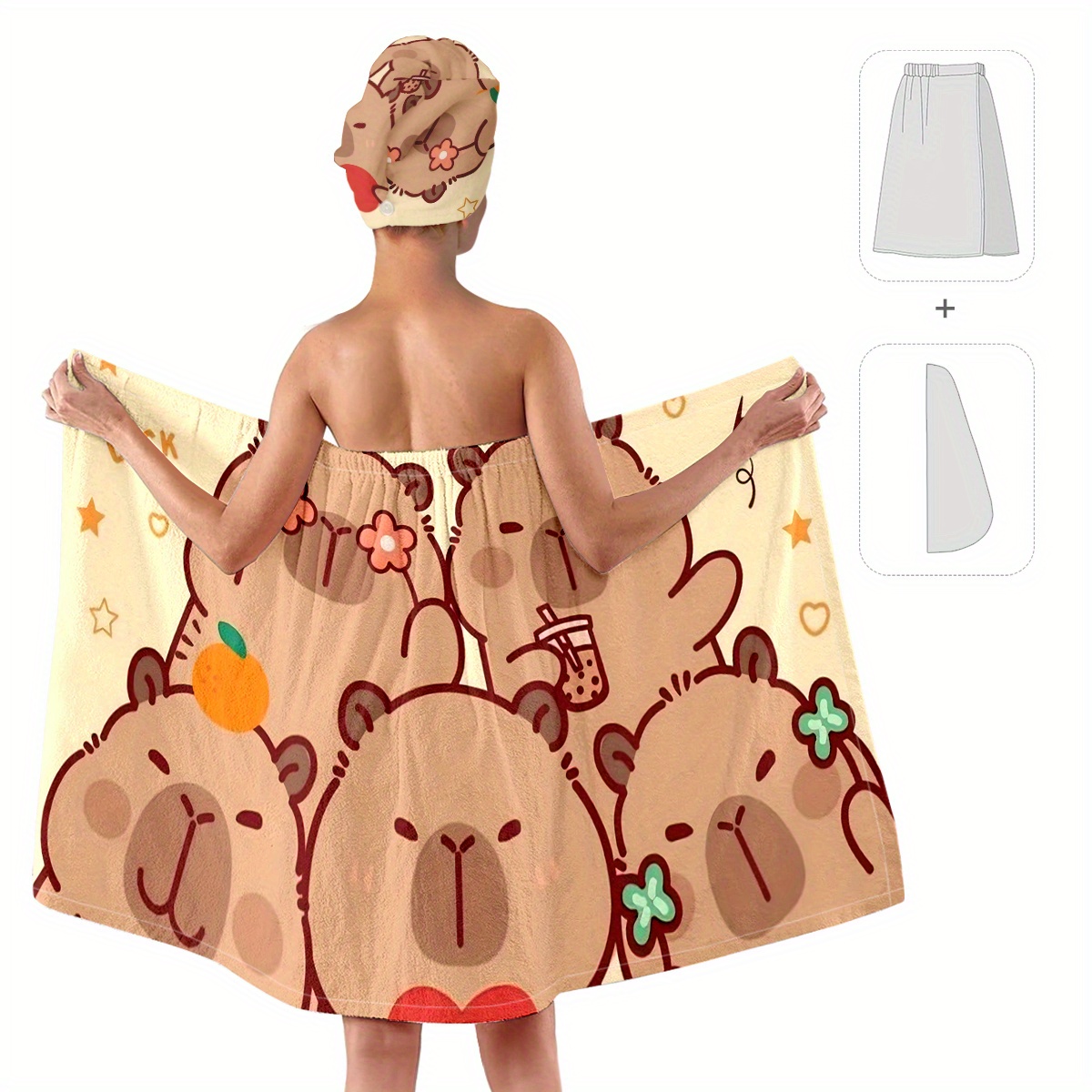 TEMU 2pcs Capybara Printed Large Bath Skirt Dry Hair Cap, Wearable Wrap, High Absorbency, Towel, Non-slip Home Use Sexy Chest Bath Skirt Dry Hair Cap
