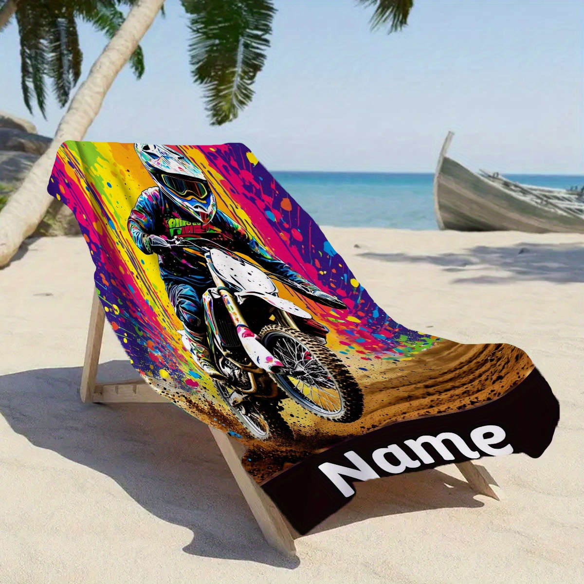 TEMU 1 pièce, Texte Personnalisable avec une Personne sur une Moto Tout-terrain sur une de Motocross, avec une Serviette de Plage et Colorée au Dos,