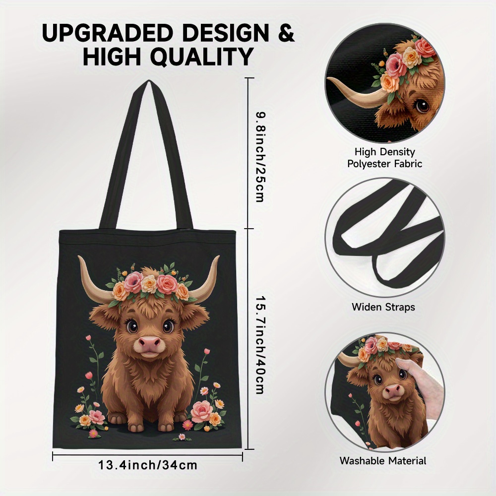 TEMU 1pc Highland Cow With Spring Flowers Tote Bag - Double-sided Print Large Capacity Reusable Polyester Shoulder Bag, Durable Shopping & Storage