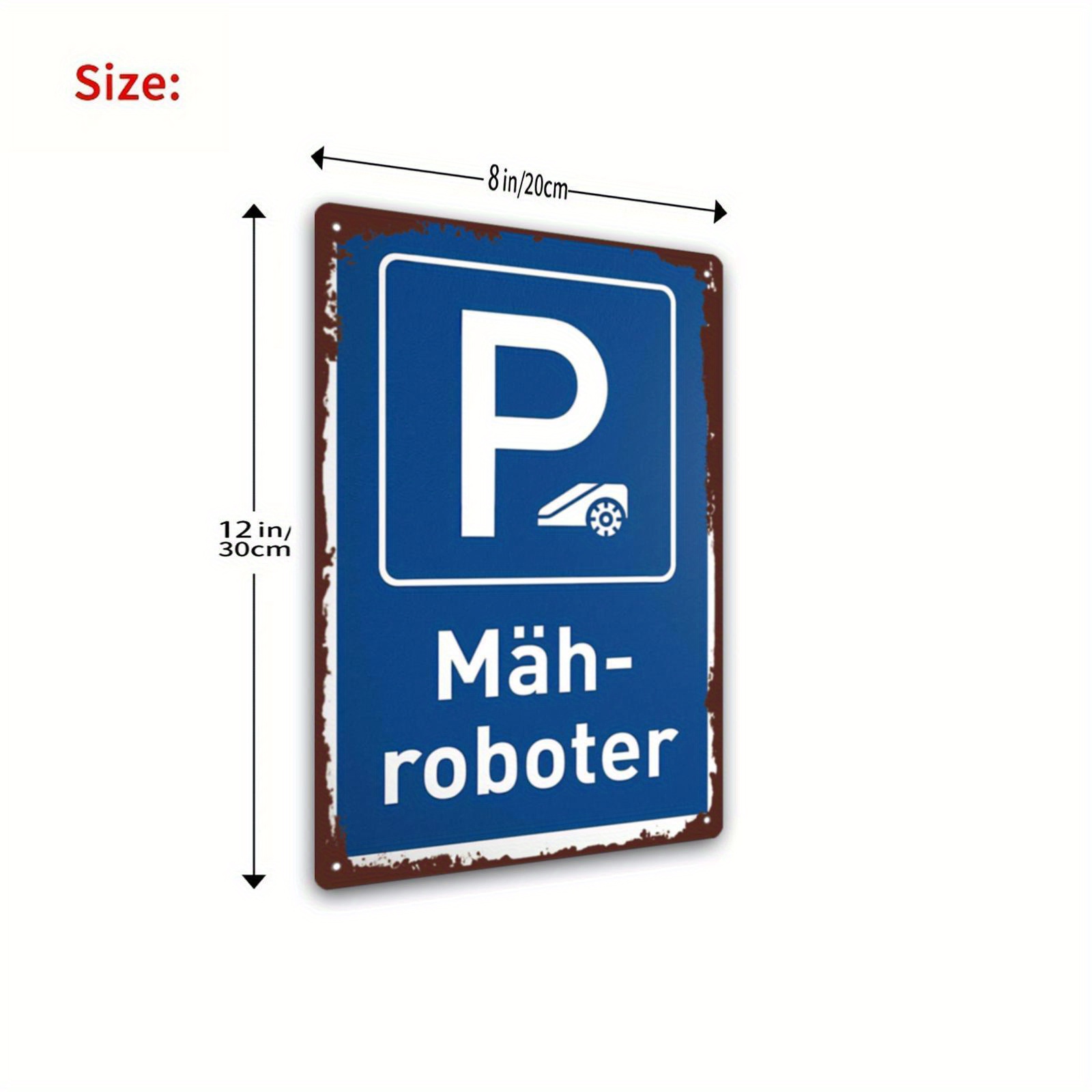 Image of 2d Flat - 1pc 2d Flat "mah-roboter" Decorative Metal Sign | Humorous Parking & Robotic Lawnmower Warning, Weatherproof & Durable, Traditional Iron Wall Art For Garden & Lawn, 8*12inch/20*30cm