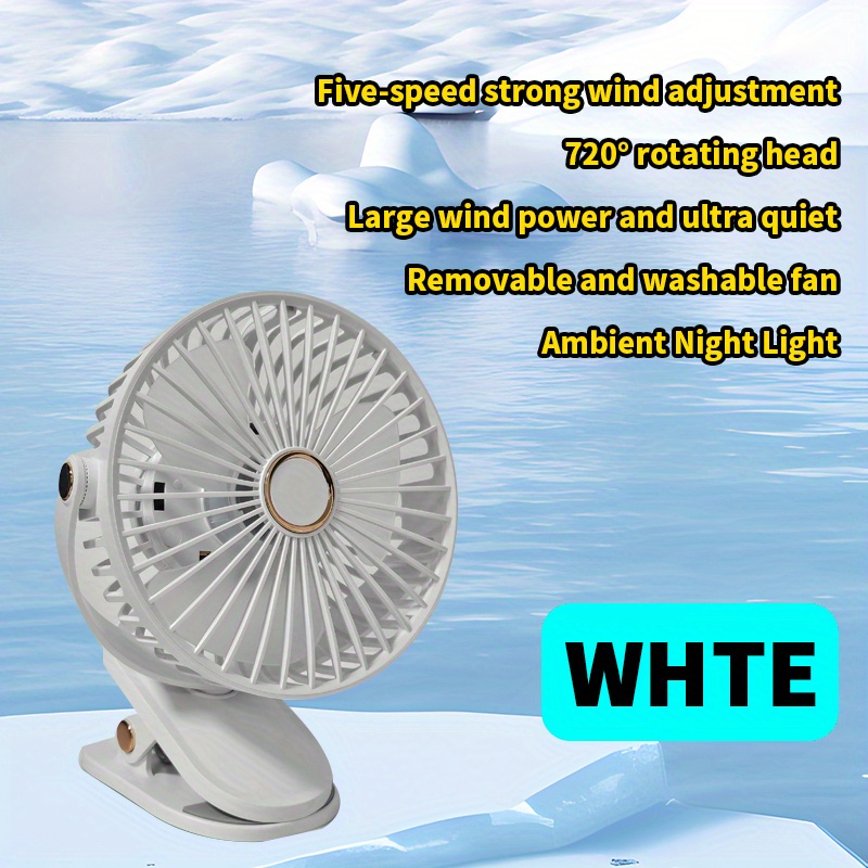 Image of Portable Clip-on Table Fan, 360° Rotatable, 5-speed Adjustable, , Rechargeable 18650 Lithium Battery, Usb Charging, For Bedroom, Office, Gym - 1200mah