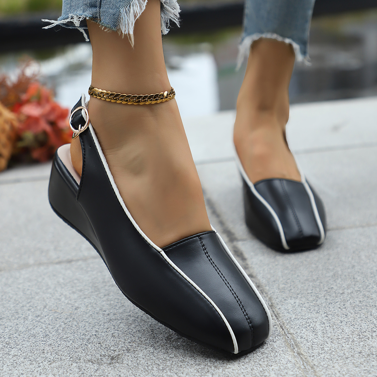 women's black white square toe wedge sandals stylish ankle Temu