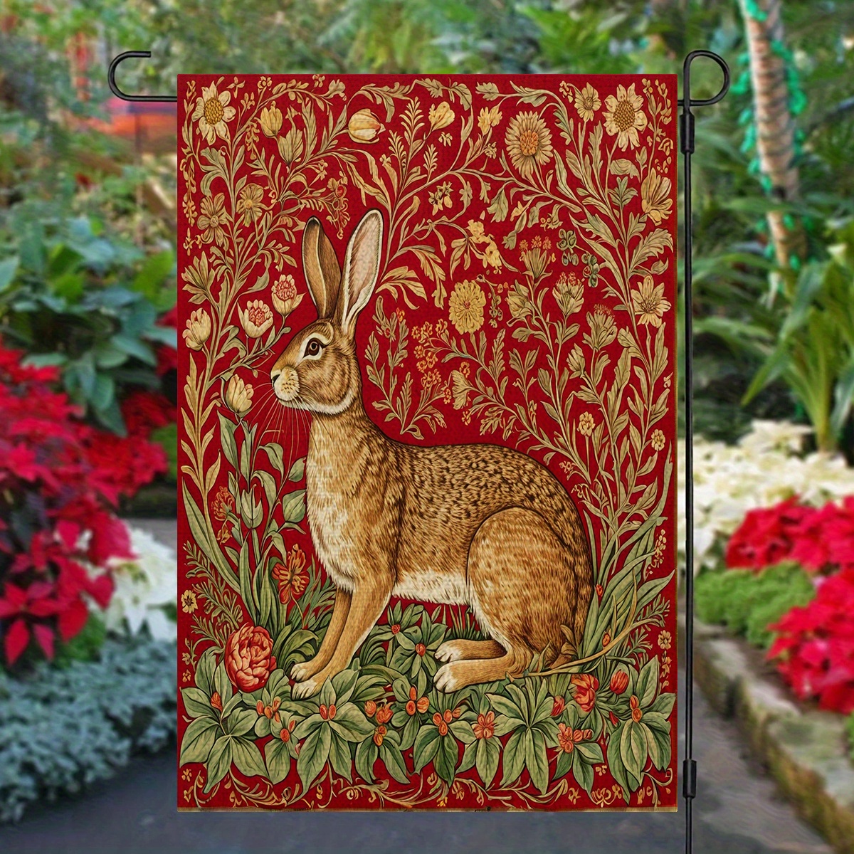 TEMU 1pc, A Patterned Pattern A Rabbit Surrounded By Plant Elements On A Vibrant Red Background Garden Flag, Flagpole Not Included, Double-sided