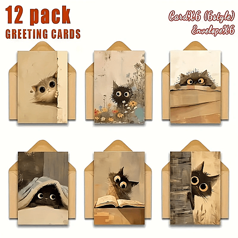 TEMU 12 Vintage Cat Greeting Cards With Envelopes - 6 Cards And 6 Envelopes, Suitable For , Family, Thank You, Birthday, Holidays, Condolences,