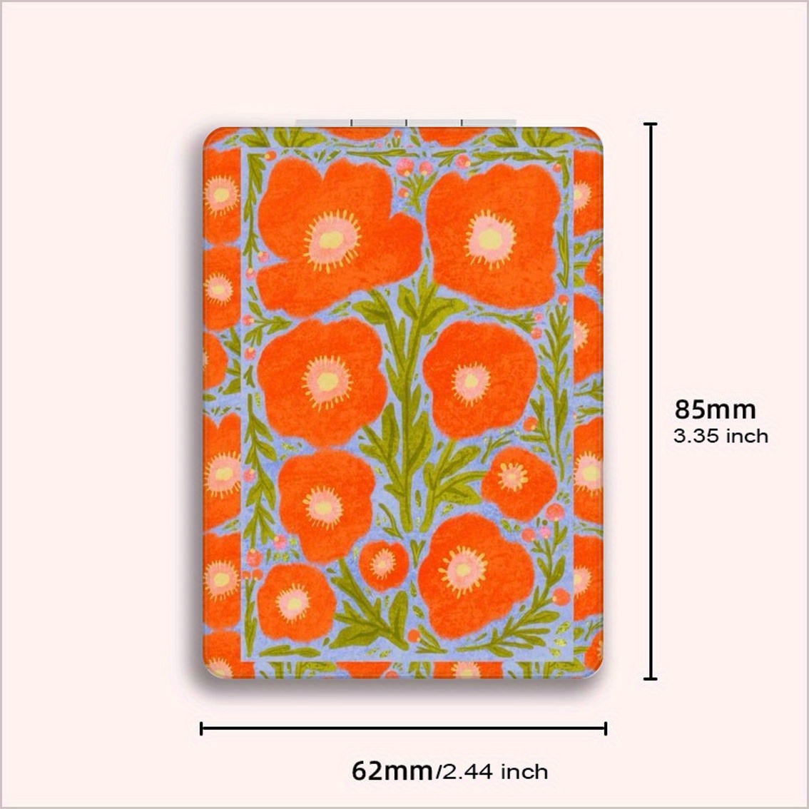 TEMU Vibrant Orange Poppy Floral Pattern Fashionable Rectangular Makeup Mirror, Foldable Mini Handheld Mirror, Powdercoated Glass Surface,