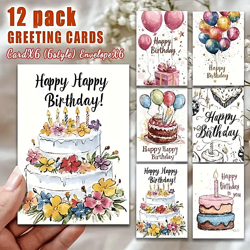 12pcs Minimalist Birthday Cake Greeting Card Set With Envelopes, 6 Cards And 6 Envelopes, Suitable For Occasions For Girlfriends, , Mixed Blank Gift Cards