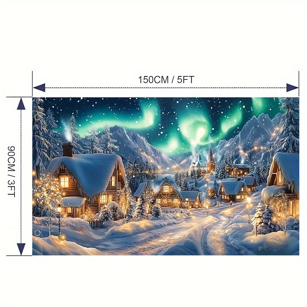 TEMU 2d Flat, 1pc Merry Christmas Flag - 2d Flat Printing, Scene With , Warmly Lit Houses & Snow-covered Trees, Polyester, Ideal For Outdoor Yard &