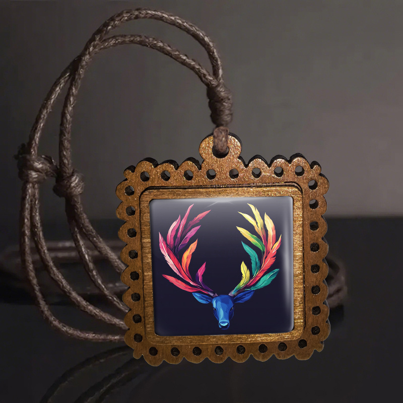 vibrant feather deer head wooden pendant necklace funky Temu Qatar