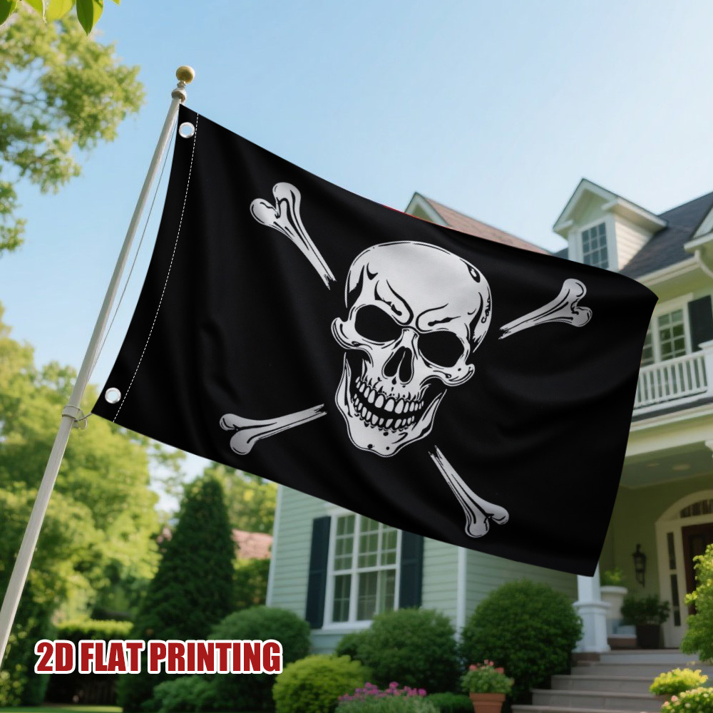 TEMU 2d Flat - 2d Flat - 1pc Optional Pirate Girogros 2d Printed Square Flag - Black With White Design, Durable Polyester, Suitable For Gift Shops,