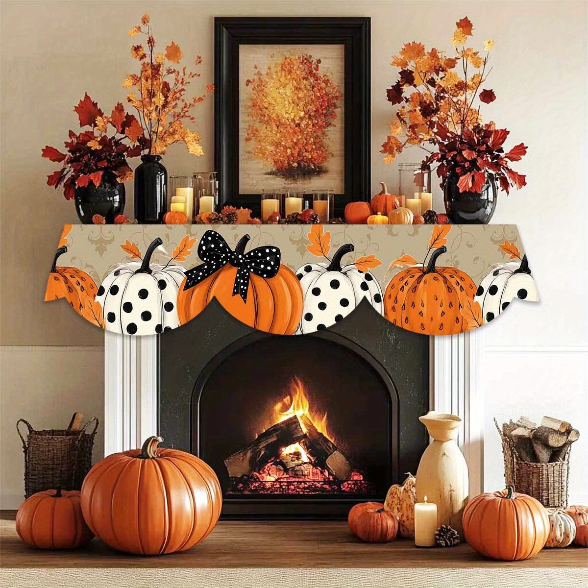 TEMU 1pc Of Autumn-themed Pumpkin Mantel Towel Featuring A Polka - A Short Plush Table Runner In Black And White, Ideal For Decorating Your Living