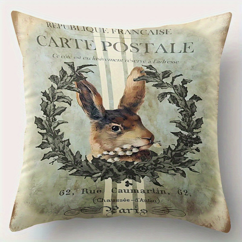 TEMU 1pc Vintage Postal Rabbit Pillowcase - Jacquard Zipper Design, Machine Washable, Suitable For Sofa, Living Room, Bedroom Decoration ( Not