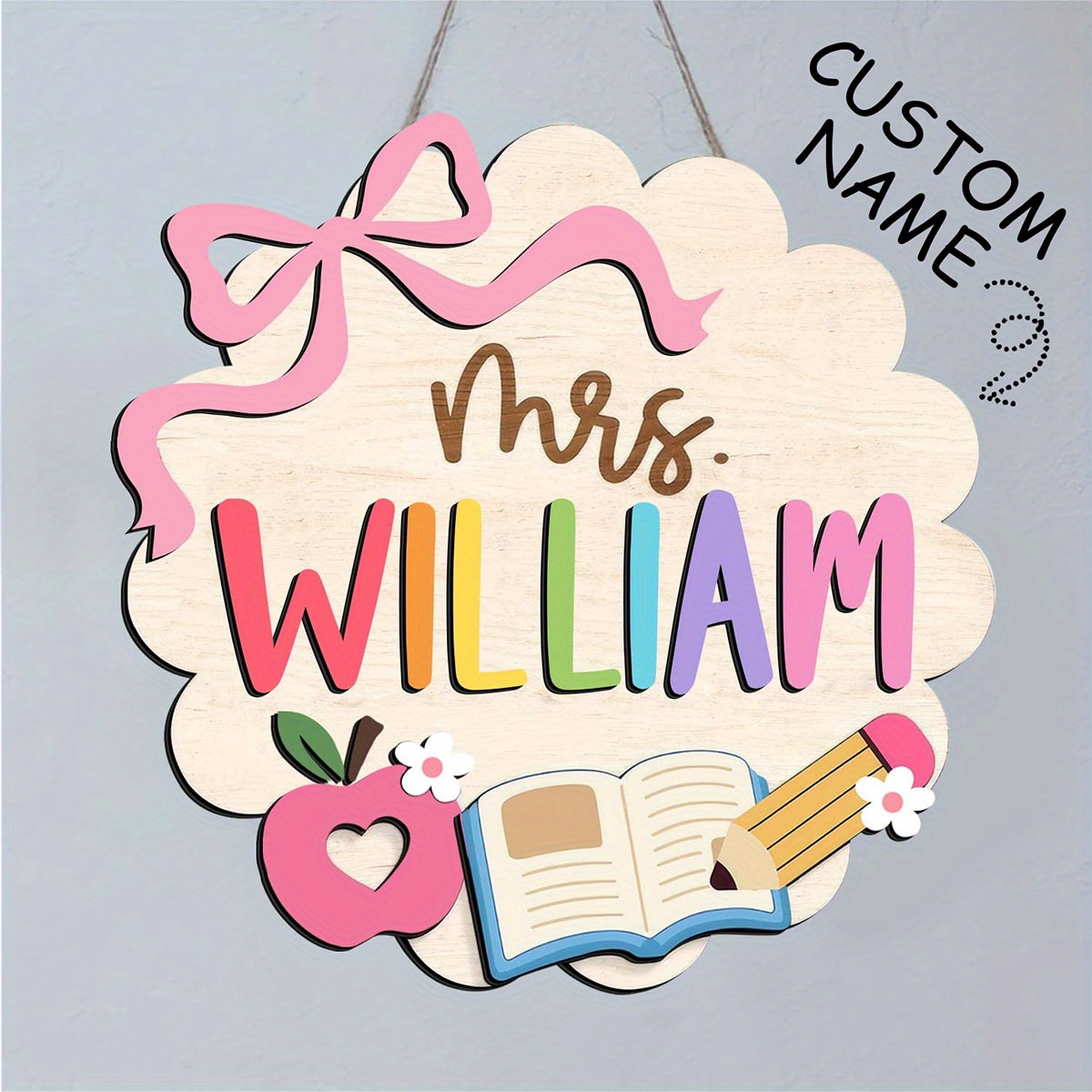 TEMU 1pc Personalized Teacher Door Hanging Custom Name Design Wood Wall Decor For Classroom, Featuring Bow, , Pencil, And Book, Back To School Home &