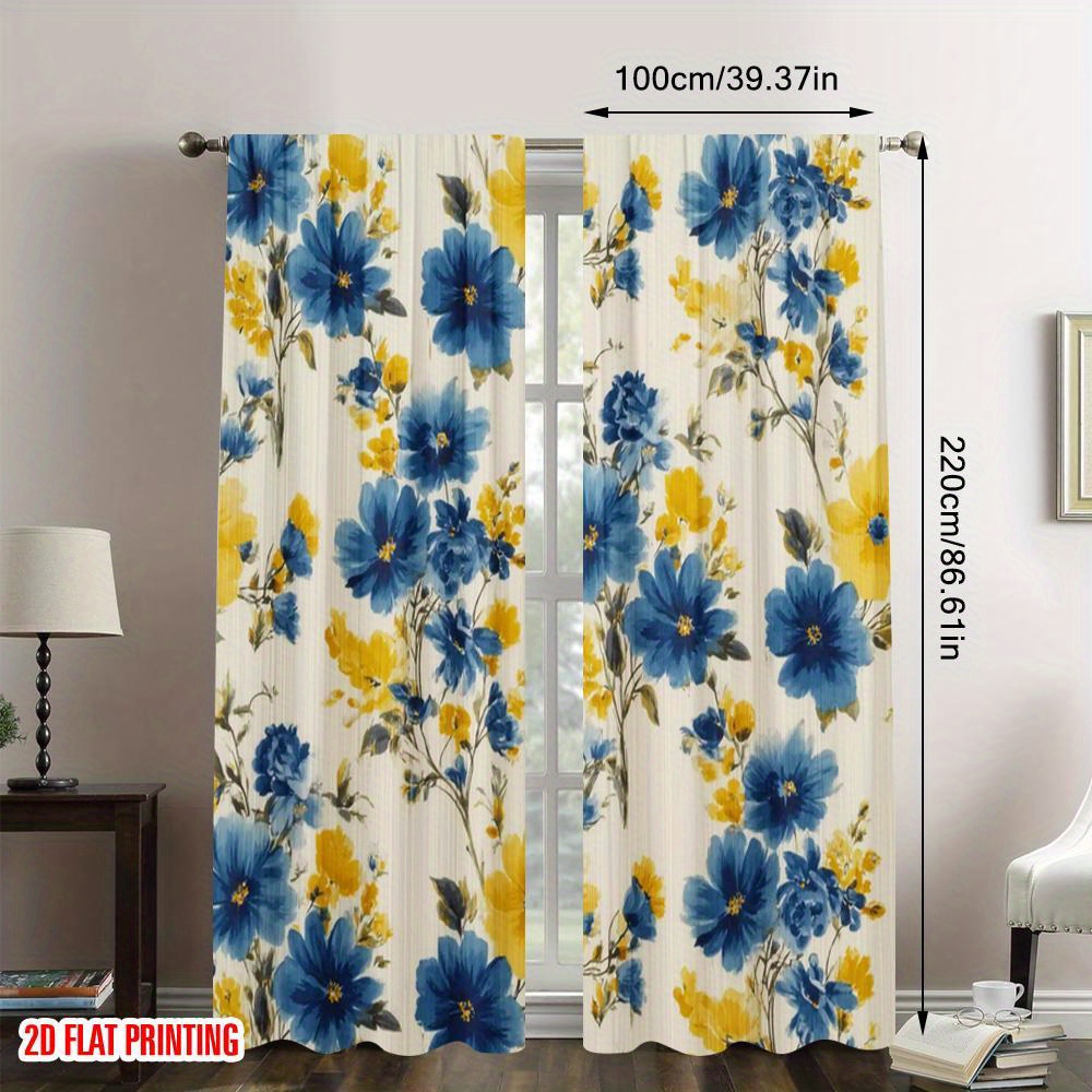TEMU 2d Flat - 2d Flat - Set Of 2 Flat Printed Curtains Featuring Yellow And Blue Floral Designs, Made From Durable 100% Polyester Fabric, Holiday