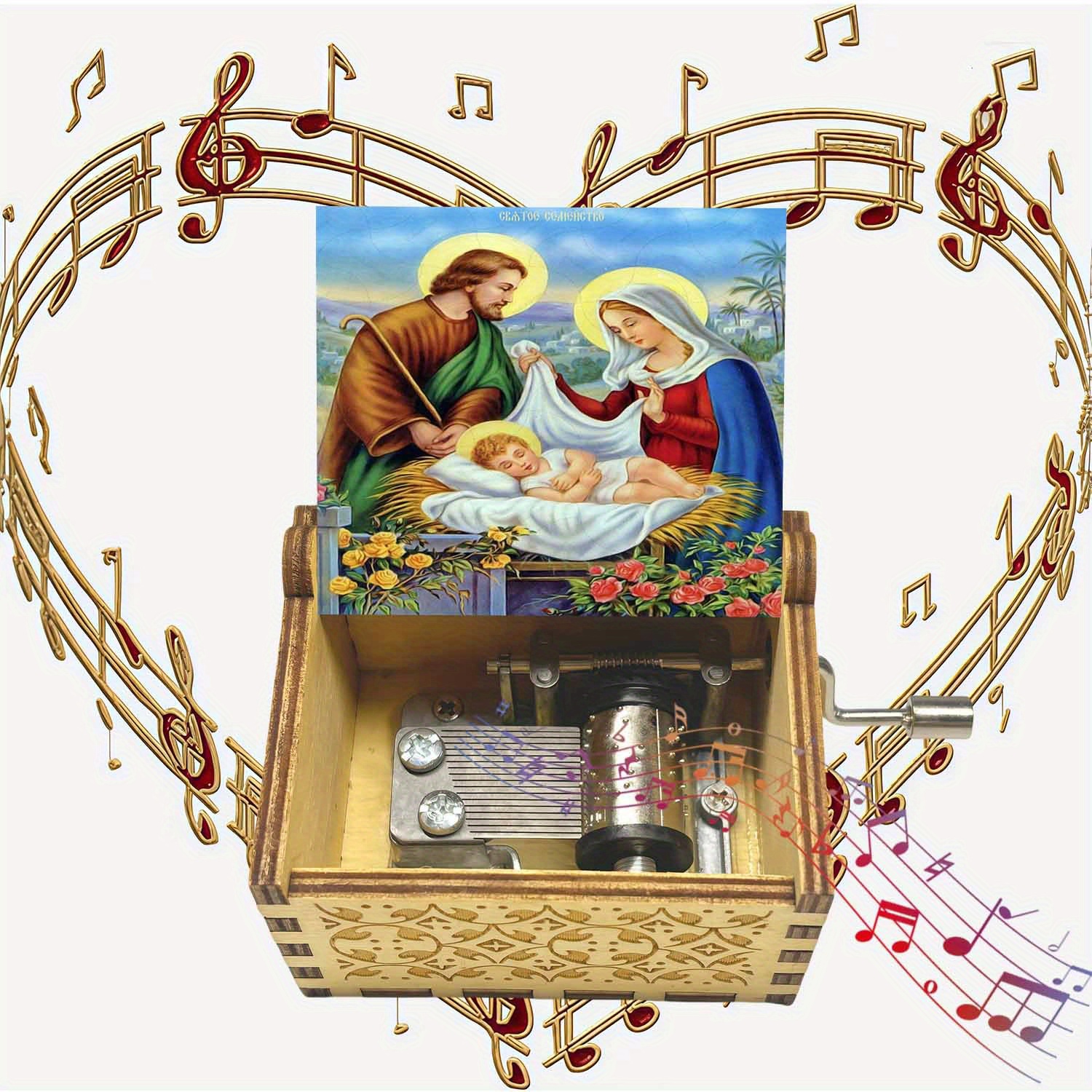 TEMU 1pc Nativity-themed Hand-cranked Music Box With Holy Family Painted Lid Panel - Suitable For Presenting , Desktop Ornament, Christmas Gift,