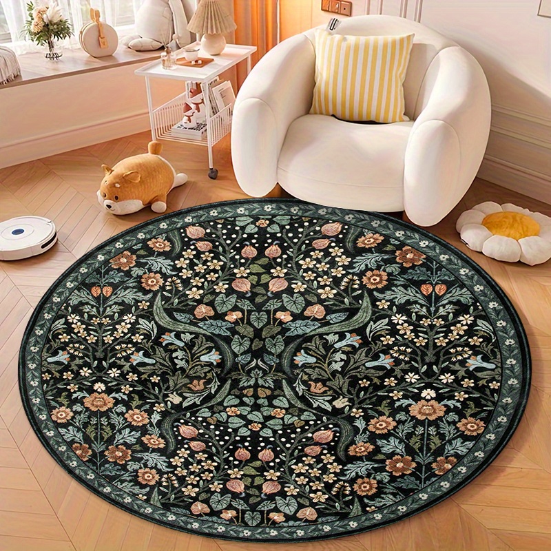 TEMU 1pc, Boho Floral Botanical Black Circular Velvet Rug, Soft, Non-slip, Machine Washable, For Summer Autumn, Suitable For Living Room, Bedroom,