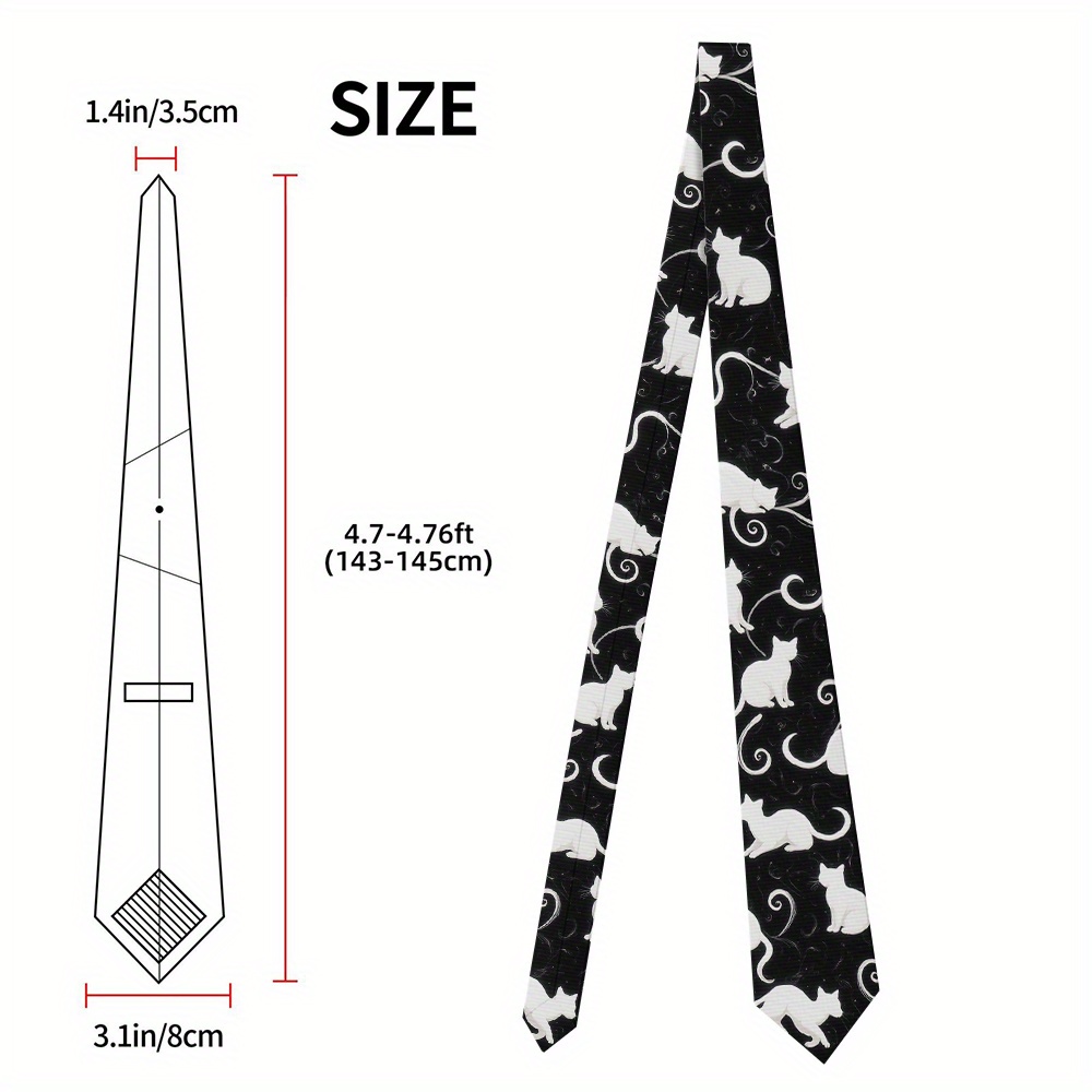TEMU 1pc Chic White Cat Print Tie - Fun & Versatile Polyester Neck Accessory For , Perfect For Casual Attire, Weddings, And Father's Day Gifts, Hand