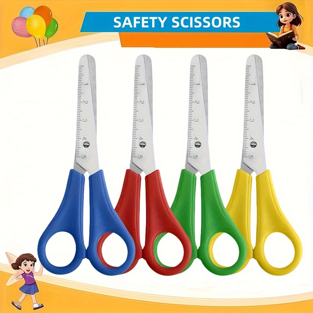 4pcs Safety Blunt-tip Scissors, Stainless Scissors, With Size Scale, Perfect For Student Art And Handcrafts – Small, Scissors